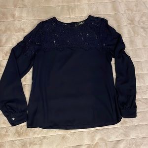 Navy Lulu’s long-sleeve lace blouse with button back